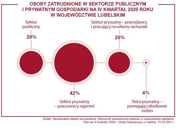 Obraz przedstawia wykresy kołowe podane procentowo osób zatrudnionych w sektorze publicznym i prywatnym gospodarki w IV kwartale 2020 roku w województwie lubelskim. Sektor publiczny, 29 procent. Sektor prywatny – pracownicy najemni, 42 procent. Sektor prywatny – pracodawcy i pracujący na własny rachunek, 25 procent. Sektor prywatny - pomagają członkowie rodzin, 4 procent.